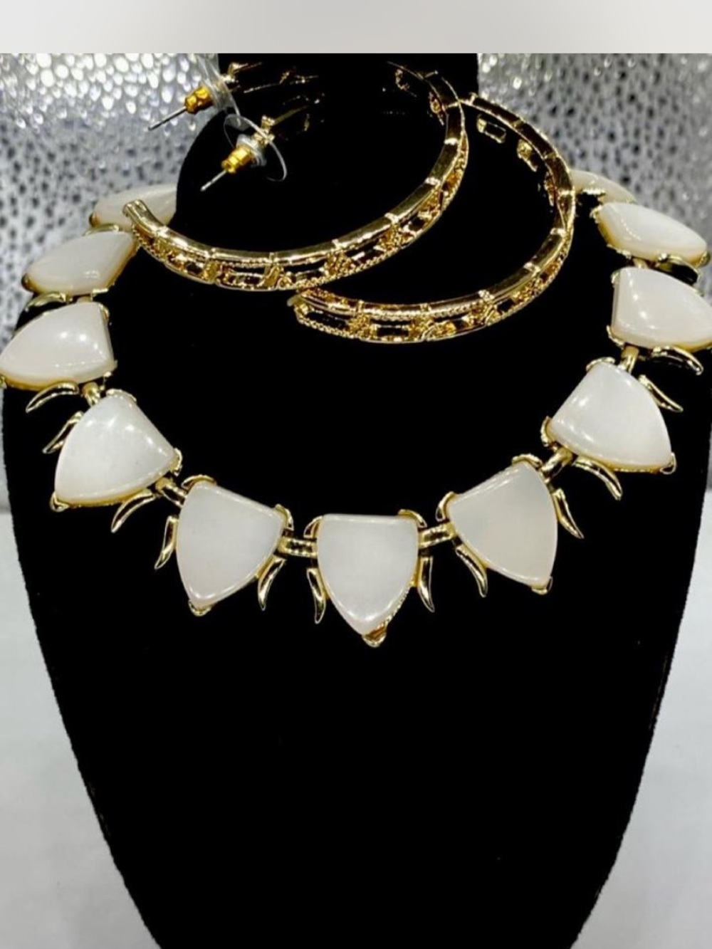 Gold-Tone Necklace /  Hoop Earrings Set “ Pearlized  Stone Accents ***